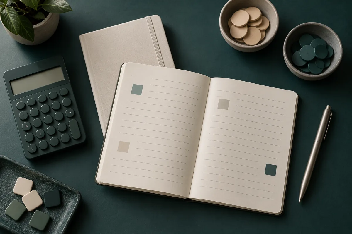 Редакционная иллюстрация калькулятора, блокнотов и аккуратно разделённых условных жетонов