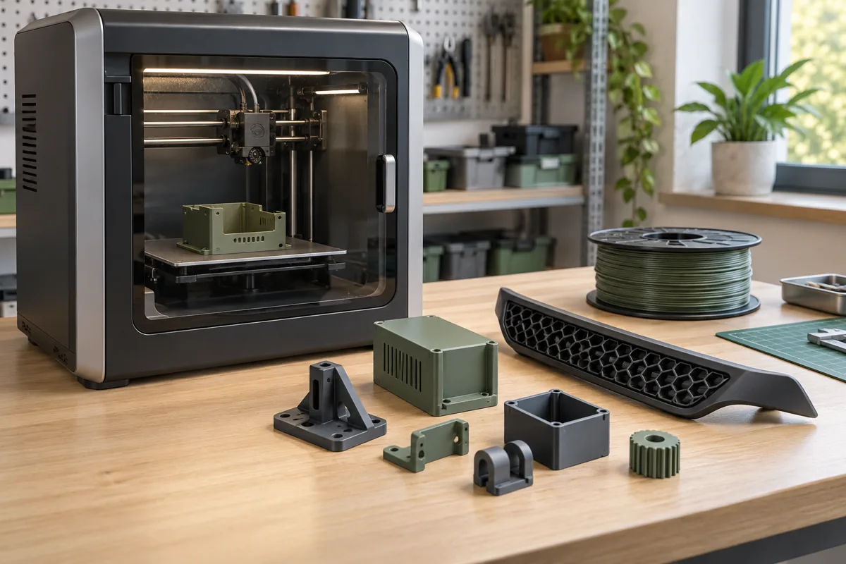 Редакционная иллюстрация закрытого 3D-принтера, готовых корпусов и декоративной автомобильной накладки