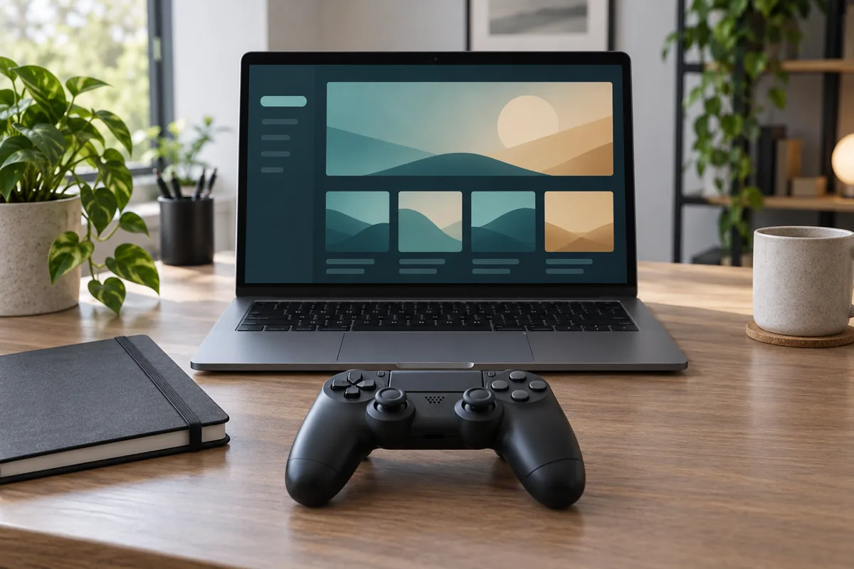Редакционная иллюстрация рабочего стола с игровым контроллером и абстрактным каталогом