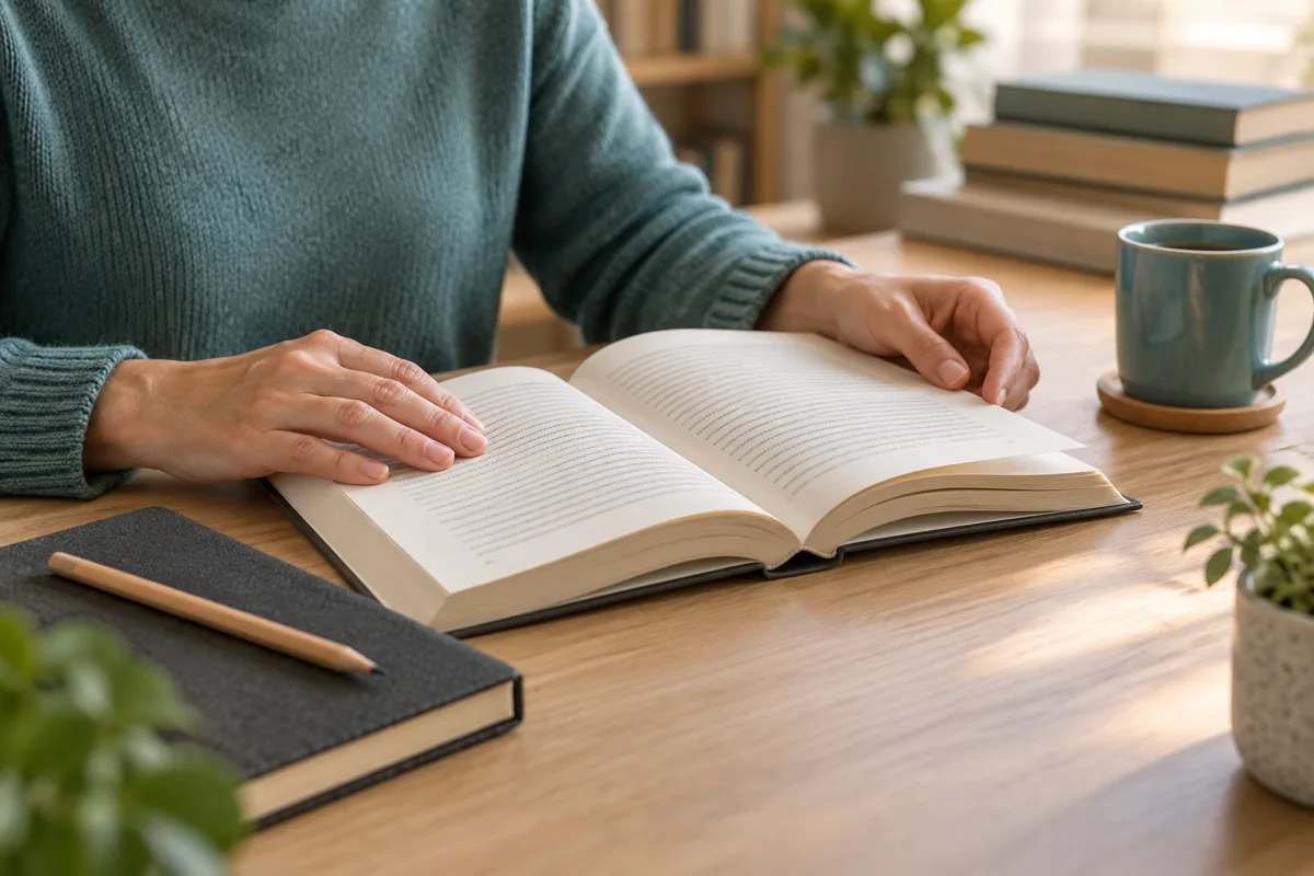 Редакционная иллюстрация взрослого читателя с книгой за учебным столом