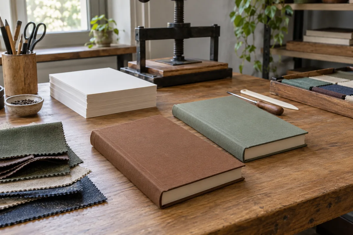Редакционная иллюстрация закрытых книг в однотонных переплётах рядом с образцами ткани